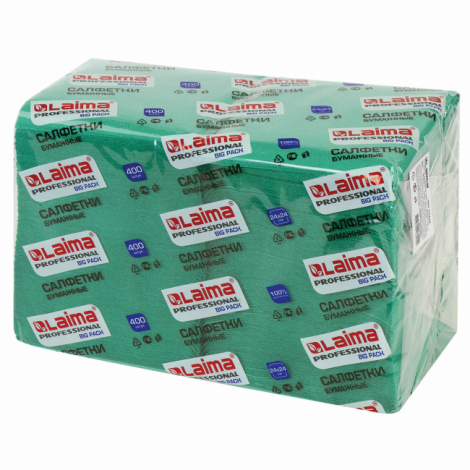 Салфетки бумажные 400 шт., 24х24 см, LAIMA, "Big Pack", зеленые (интенсив), 100% целлюлоза