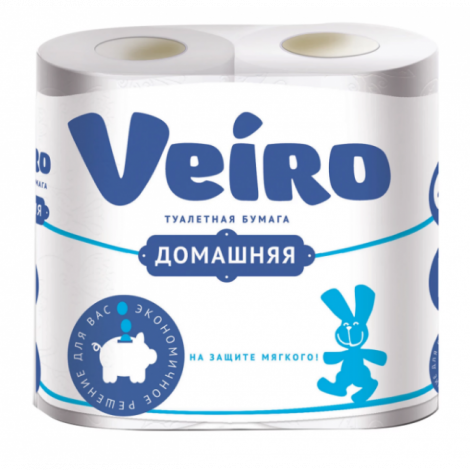 Бумага туалетная бытовая, спайка 4 шт., 2-х слойная (4х15 м), VEIRO "Домашняя", белая