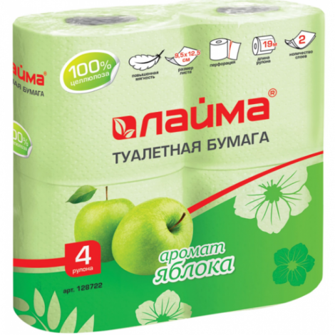 Бумага туалетная бытовая, спайка 4 шт., 2-х слойная (4х19 м), ЛАЙМА, аромат яблока