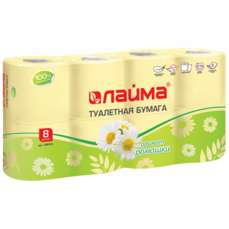 Бумага туалетная бытовая, спайка 8 шт., 2-х слойная (8х19 м), ЛАЙМА, аромат ромашки
