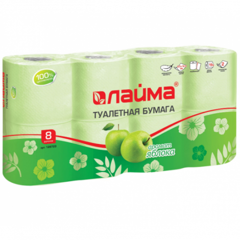 Бумага туалетная бытовая, спайка 8 шт., 2-х слойная (8х19 м), ЛАЙМА, аромат яблока