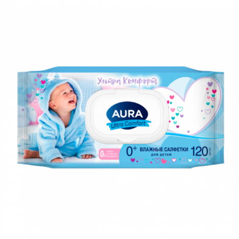 Салфетки влажные 120 шт., для детей, AURA "Ultra Comfort" с алоэ и витамином Е, крышка-клапан