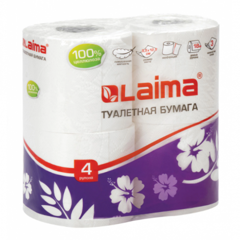Бумага туалетная бытовая, спайка 4 шт., 3-х слойная, (4х18 м), LAIMA, белая