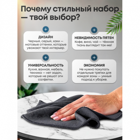 Стильный набор салфеток для уборки, 30x30см, комплект 6шт, микрофибра, черный. серый, хаки