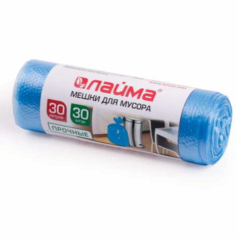 Мешки для мусора 30 л, синие, в рулоне 30 шт., ПНД, 10 мкм, 50х60 см (±5%), прочные, ЛАЙМА