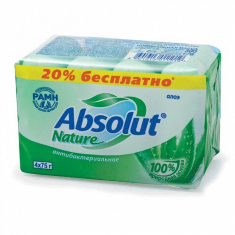 Мыло туалетное 300 г, ABSOLUT (Абсолют), комплект 4 шт. х 75 г, "Алоэ", антибактериальное
