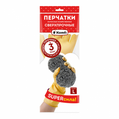 Перчатки латексные СВЕРХПРОЧНЫЕ, 1 пара, размер L, бежевый - Komfi