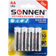 Батарейки КОМПЛЕКТ 4 шт., SONNEN Alkaline, АА (LR6, 15А), алкалиновые, пальчиковые, блистер
