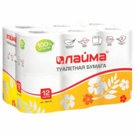 Бумага туалетная бытовая, спайка 12 шт., 2-х слойная (12х18 м), ЛАЙМА, белая