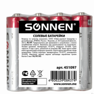 Батарейки КОМПЛЕКТ 4 шт., SONNEN, АА (R6, 15А), солевые, пальчиковые, в пленке